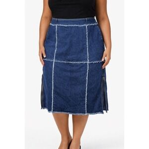 Ashley Stewart Denim Jean Skirt 26W Plus Size Patchwork Raw Hem Zip Detail Y2K